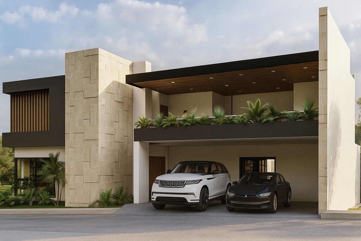 Render de residencia de dos niveles con muro de piedra, celosía de madera y cochera techada